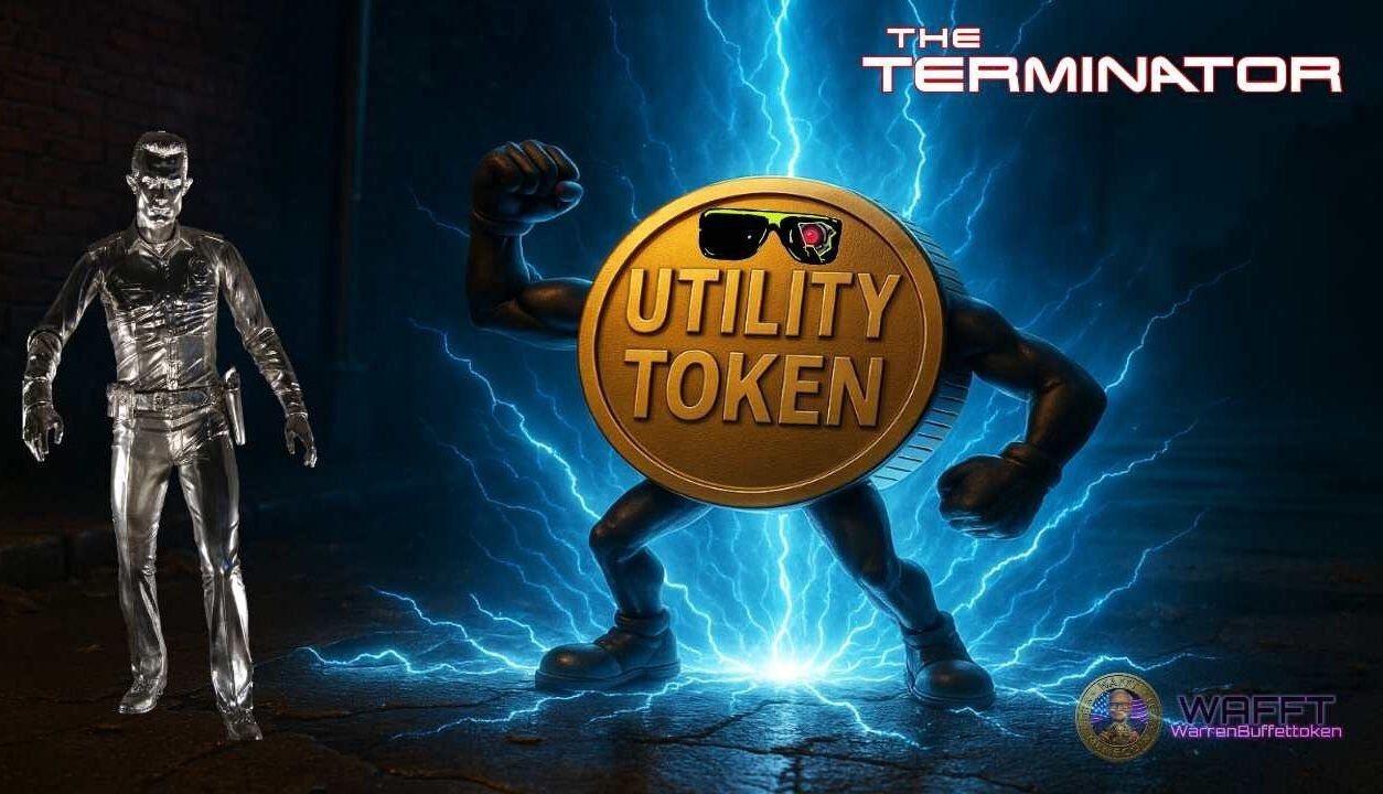 Utility token arriving in a beam of light with a T1000-style figure, symbolizing the future of utility tokens.