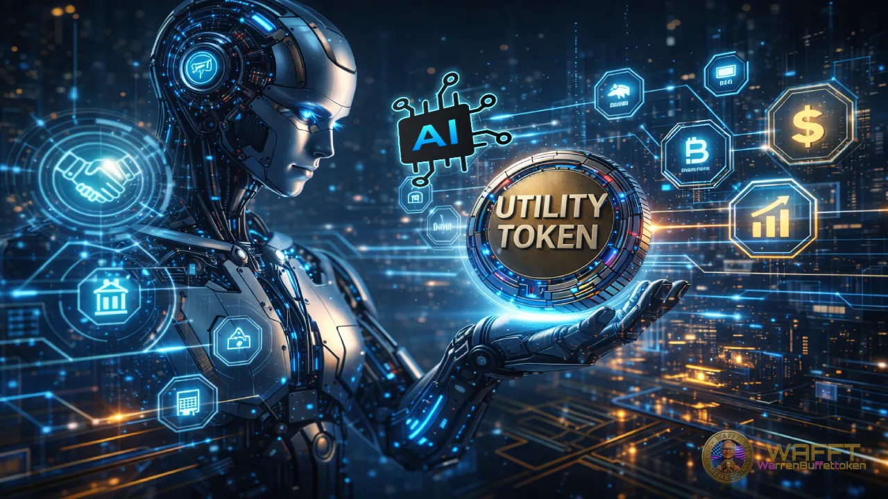 Illustration showing an AI-powered digital agent holding a utility token connected to payments, identity, security, governance, and financial functions, representing the role of utility tokens in a more automated digital economy.