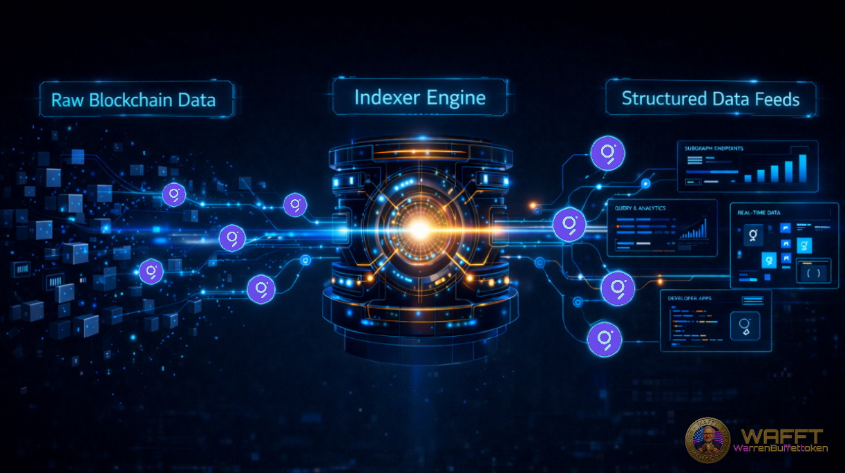 Diagram showing raw blockchain data entering an indexer engine and being transformed into structured, queryable data feeds for blockchain applications.