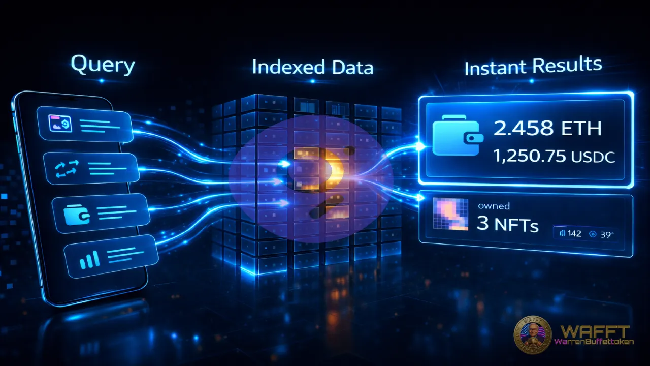 Diagram showing a blockchain query retrieving indexed data and returning instant results for balances, assets, and on-chain application data.