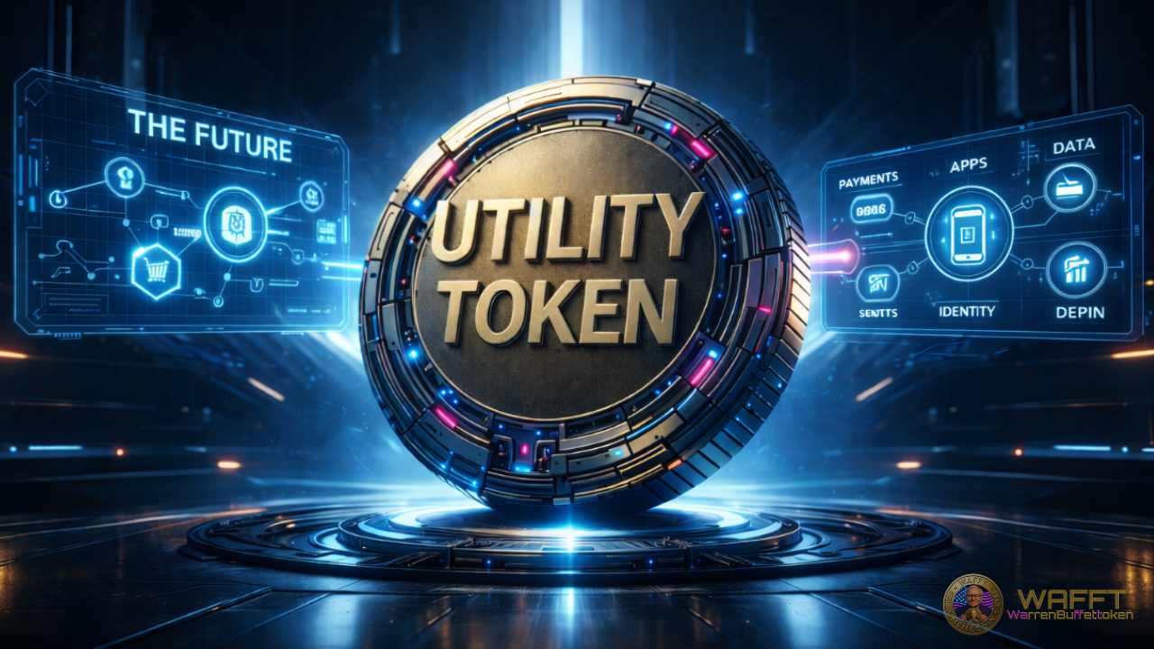 Illustration showing a futuristic utility token connected to emerging digital sectors such as payments, apps, identity, data, and DePIN, representing the future evolution of utility tokens.
