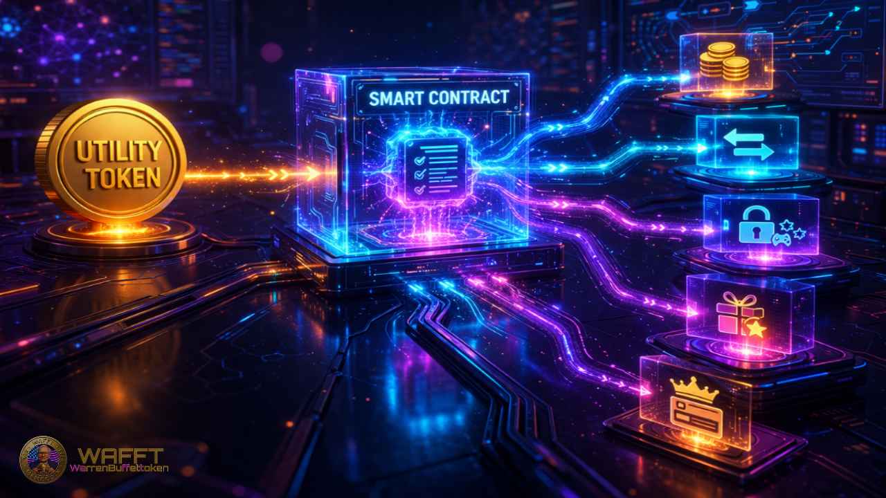 Illustration showing a utility token connected to a smart contract that routes token utility into ecosystem functions such as payments, transfers, gated access, rewards, and premium benefits.