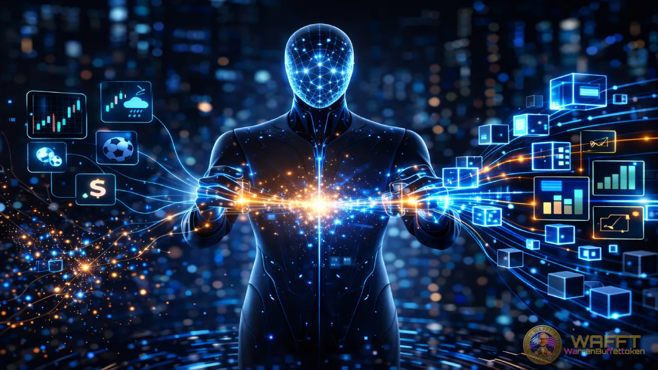Illustration showing an oracle feed transforming external data such as prices, weather, sports, and financial information into structured blockchain-ready inputs.