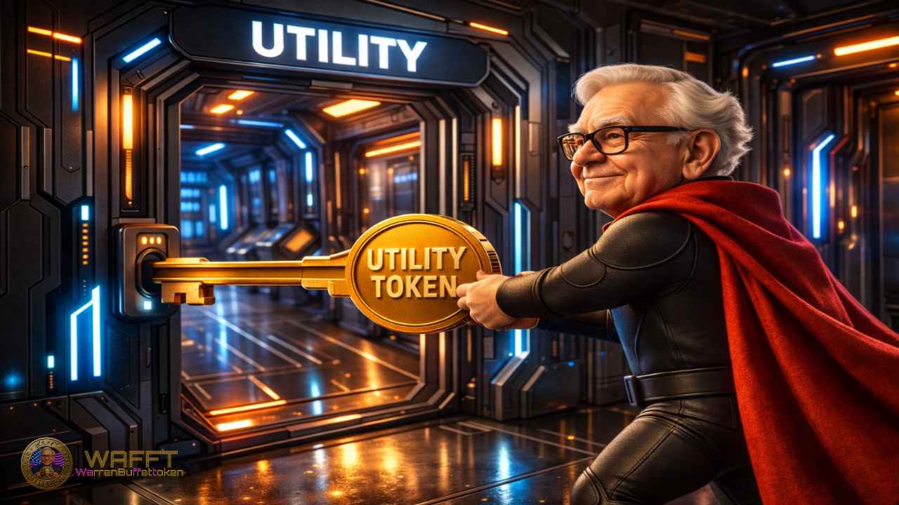 Illustration showing WAFFT Hero using a utility token as a key to open a futuristic door labeled utility, representing access, functionality, and real ecosystem benefits.