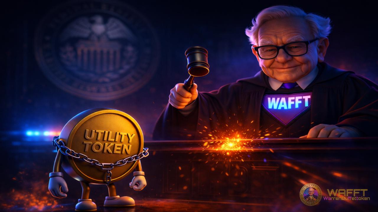 Illustration showing a utility token under legal pressure in a futuristic courtroom, representing the regulatory, scalability, usability, and speculative frictions that can shape the future of utility tokens.