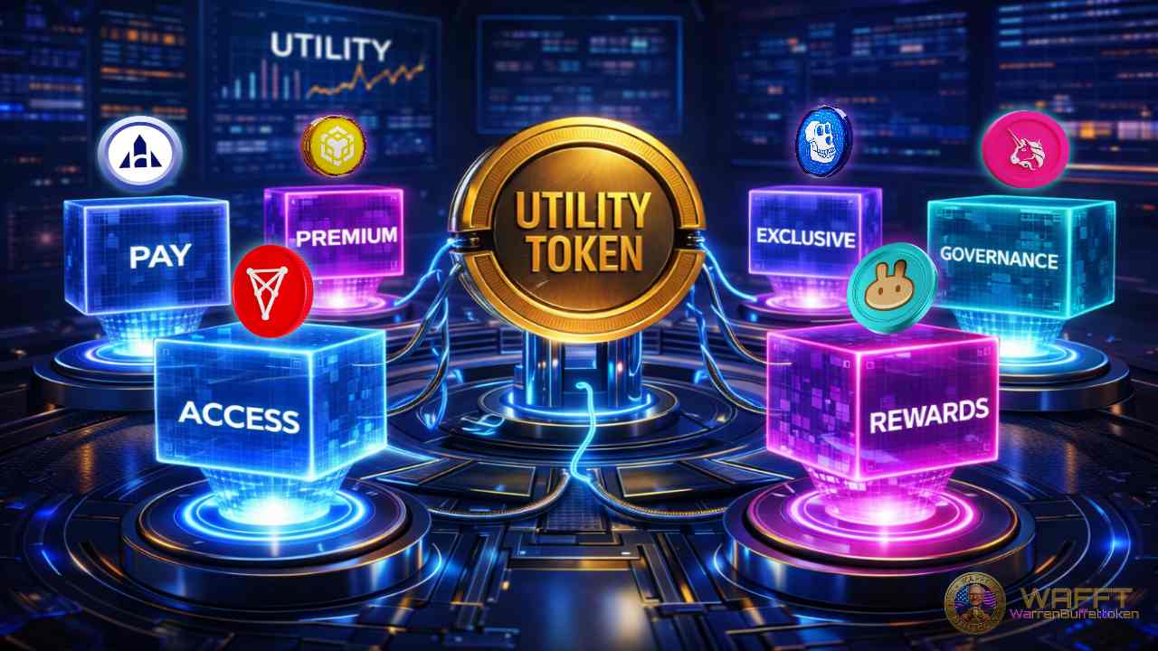 Illustration showing a utility token connected to core use cases such as access, payments, rewards, premium features, exclusive benefits, and governance inside a digital ecosystem.