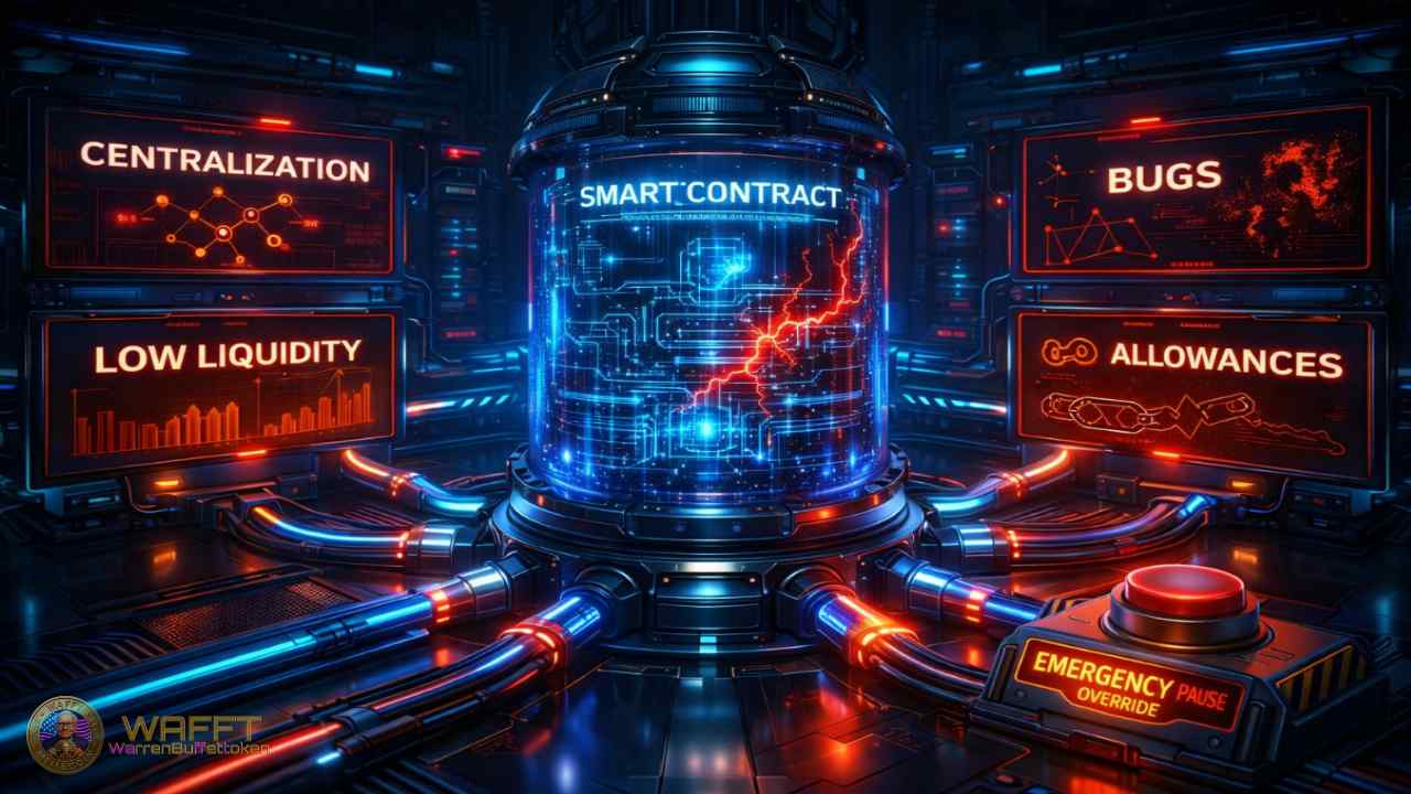 Illustration showing a utility token smart contract core under pressure, representing the main technical, market, governance, regulatory, and ecosystem risks that can affect utility tokens.