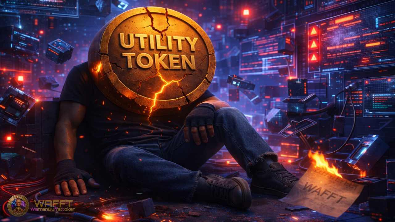 Illustration showing a cracked utility token as the head of a collapsed figure inside a failing digital system, representing breakdown, fragility, and the broader risks that can affect utility tokens.