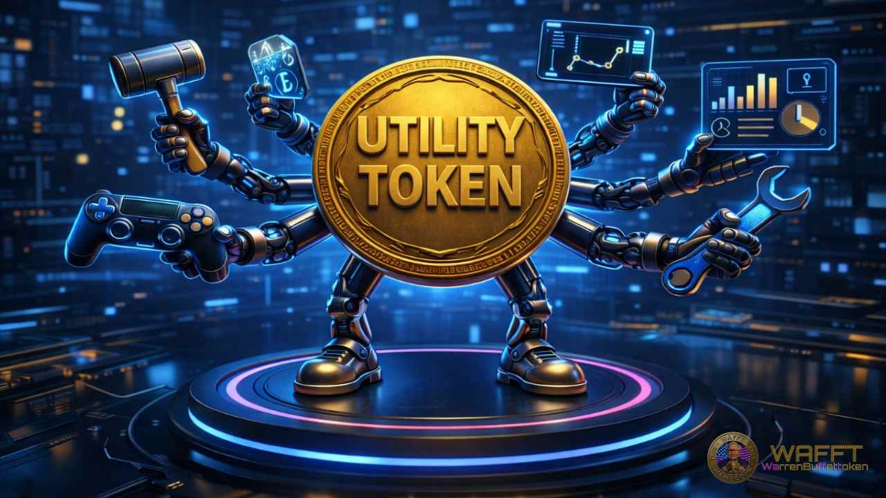 Illustration showing a utility token connected to multiple practical functions such as gaming, tools, analytics, payments, and digital services across an ecosystem.