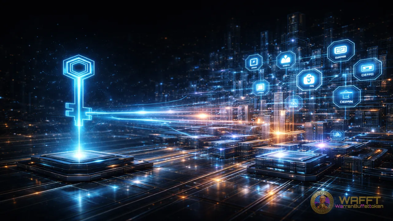 Illustration showing a glowing digital key connected to a Web3 infrastructure network with apps, identity, DeFi, data, and digital services, representing the evolution of utility tokens beyond simple access.