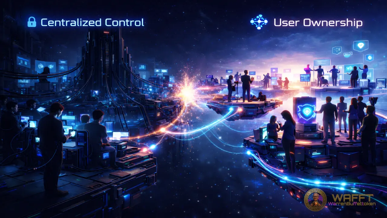 Illustration showing a digital network shifting from centralized control to user ownership, representing how utility tokens can support more open, participatory, and user-driven online ecosystems.