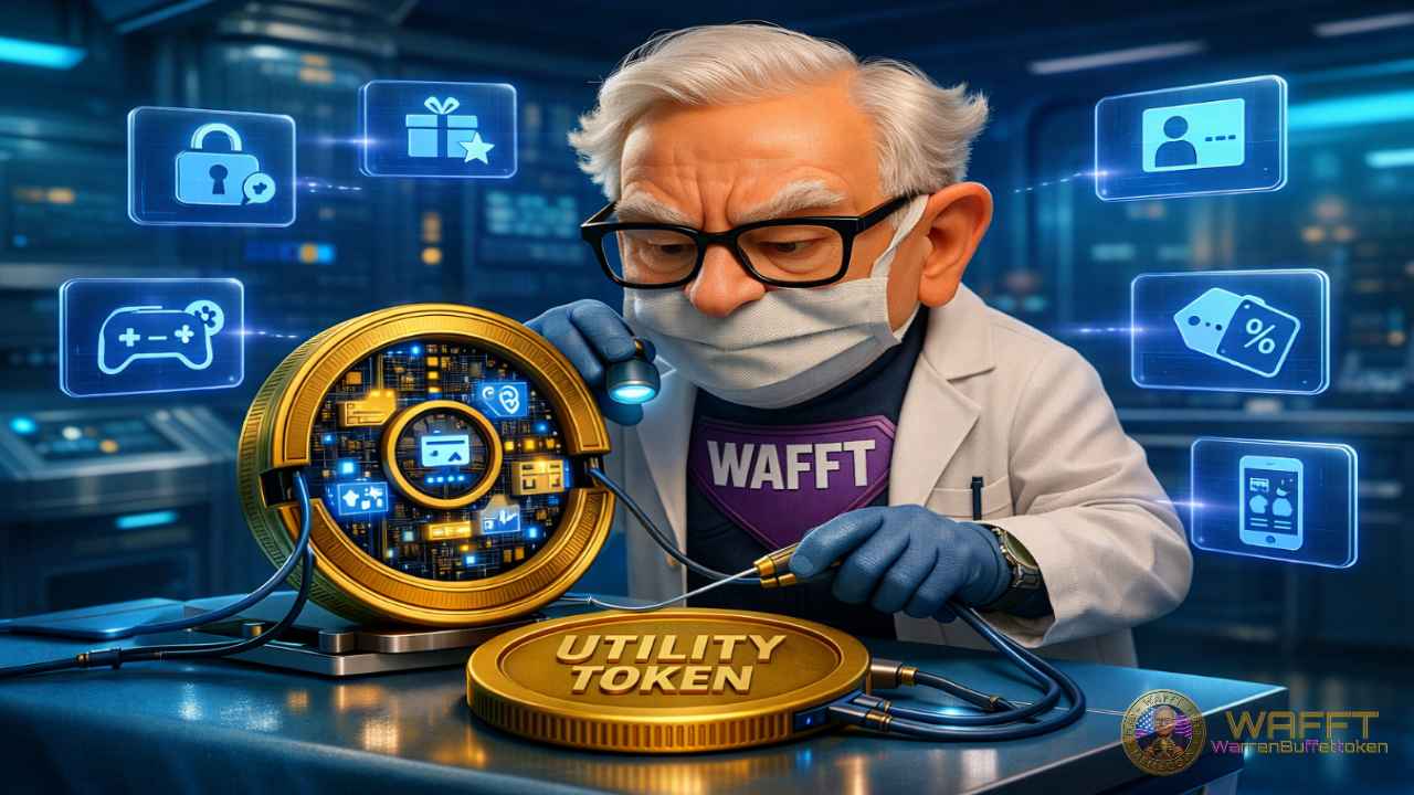 Illustration showing WAFFT Hero examining the inside of a utility token, representing how utility tokens contain programmed functions linked to access, rewards, services, gaming, and digital features.