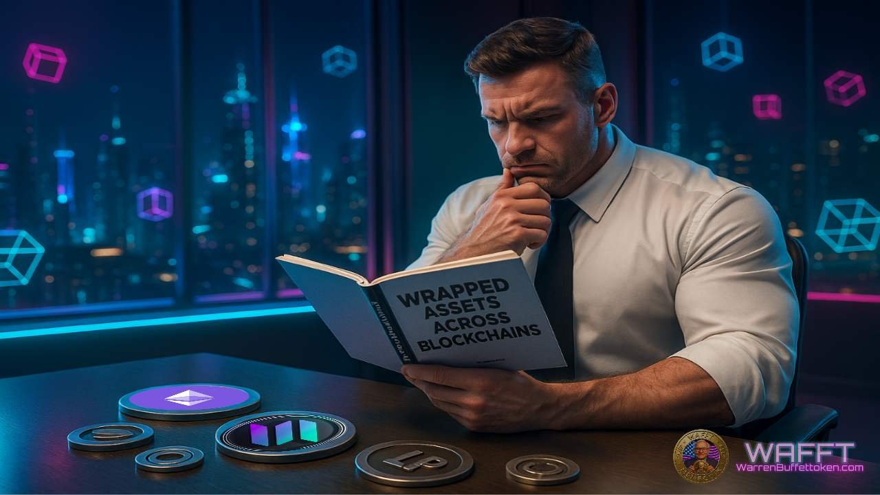 Businessman reading a “Wrapped Assets Across Blockchains” manual with a thoughtful expression, illustrating the lock, message, mint, and burn process that keeps wrapped tokens pegged 1:1 across chains.