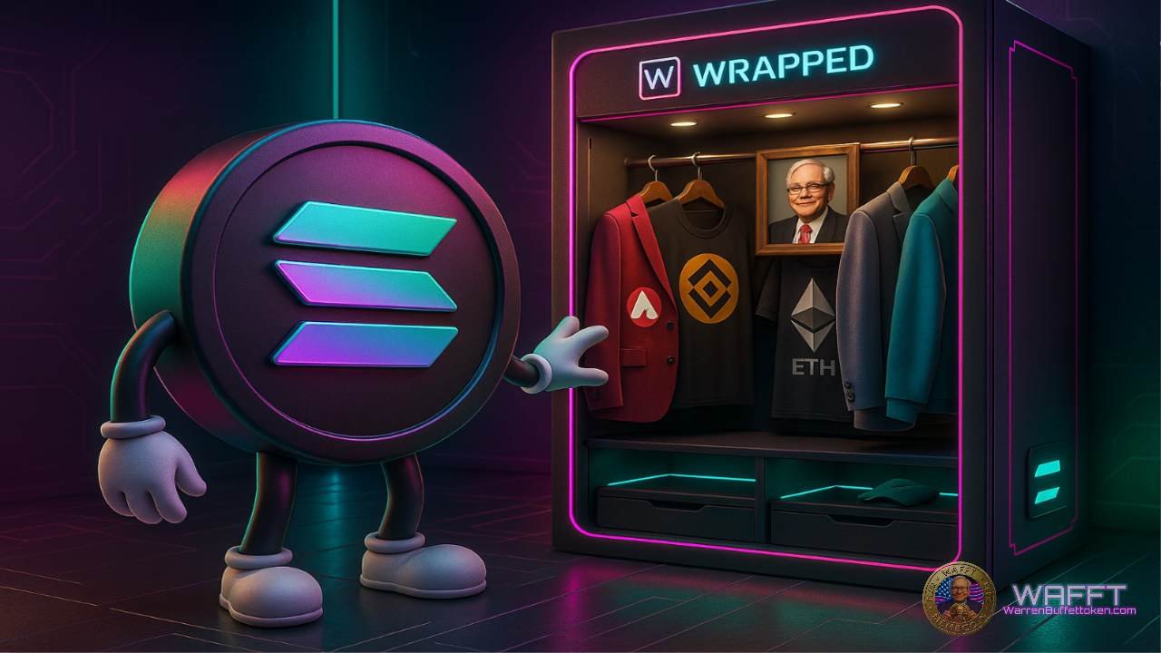 3D Solana token standing in front of a wardrobe, deciding which jacket to wear with logos of AVAX, BNB, and ETH, symbolizing the flexibility of wrapped assets to move across different blockchains without selling the original.