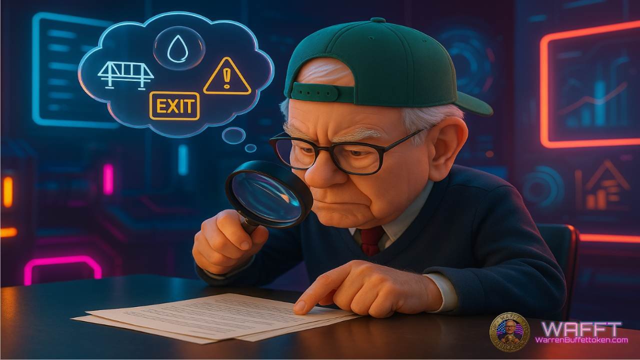 Warren Buffett reviewing a document, symbolizing WAFFT’s refresher checklist for using bridged stablecoins safely — verifying contracts, decimals, peg, liquidity, and exit routes.