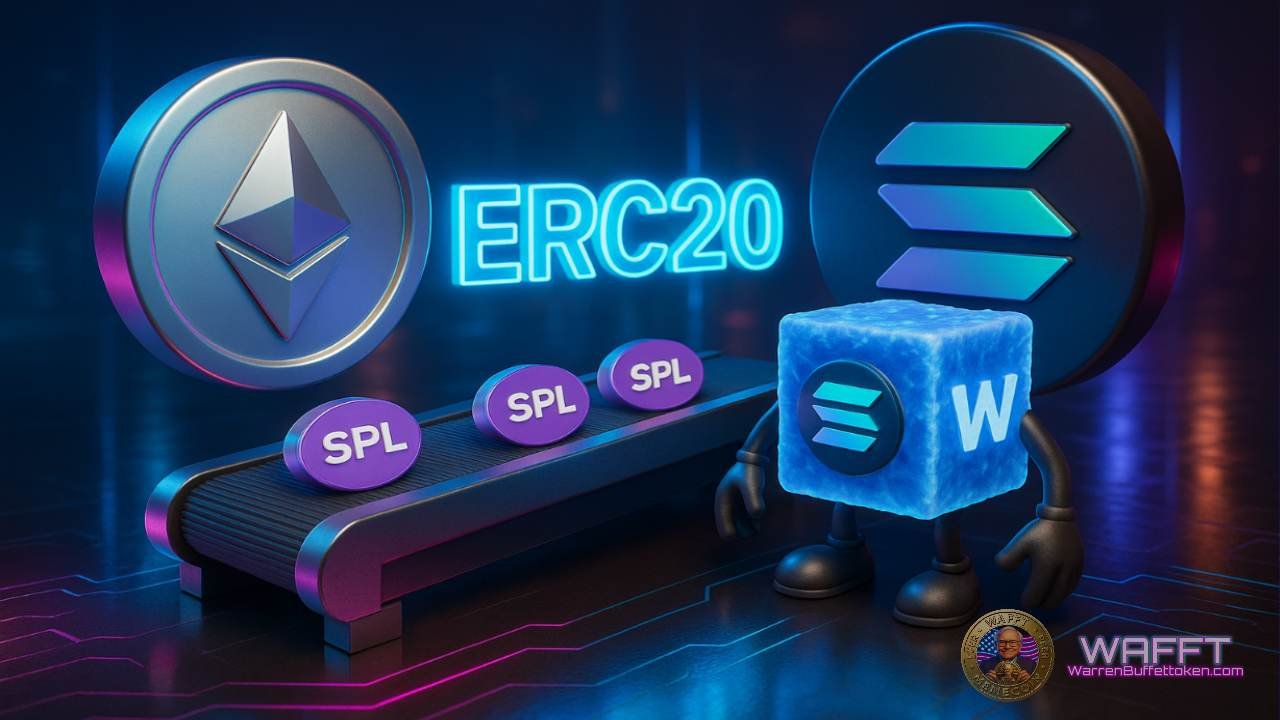 3D Ethereum token labeled ERC-20 on one side, and Solana tokens on the other side, symbolizing how wrapped cross-chain tokens differ between EVM (18 decimals) and Solana (9 decimals).