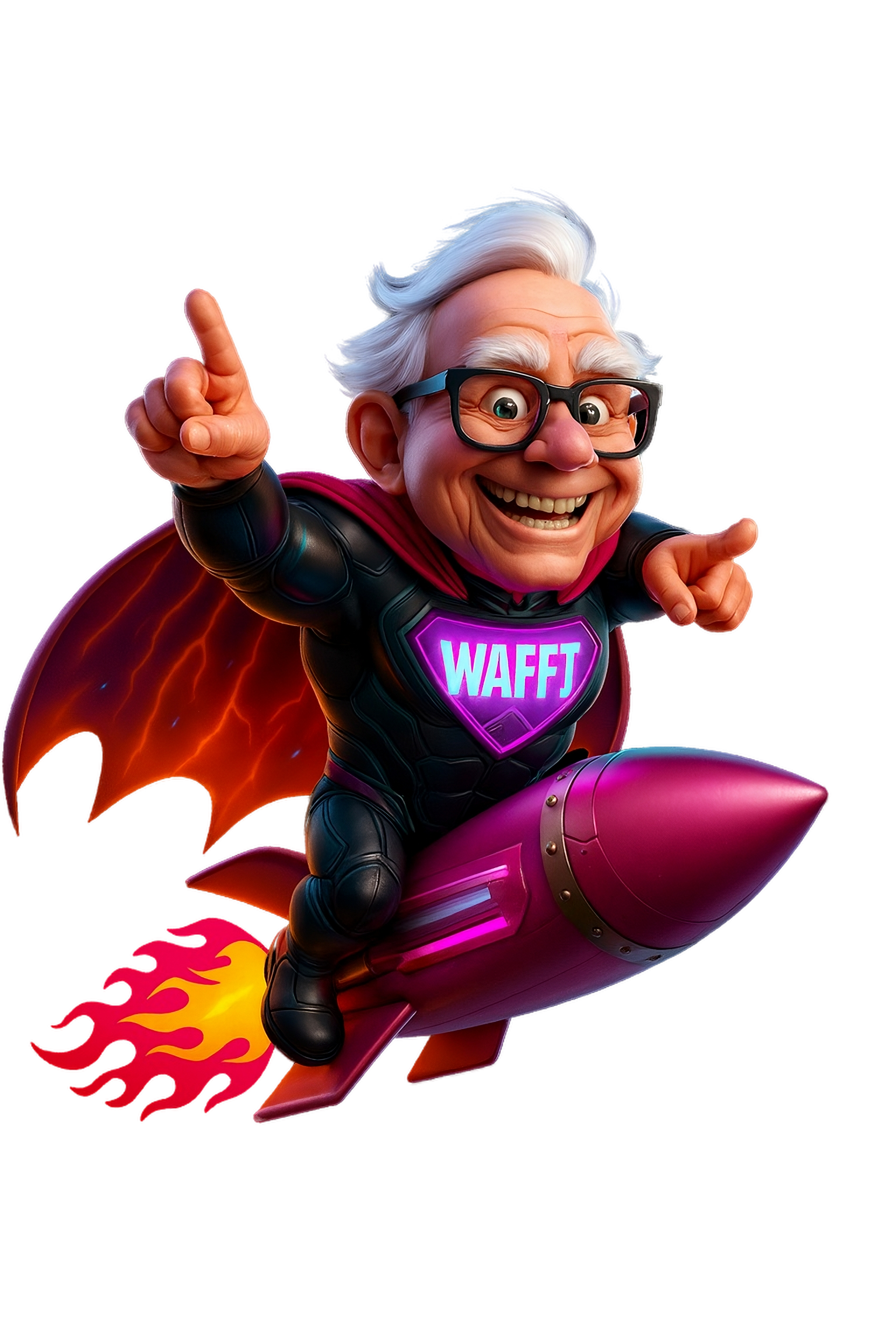 3D illustration of Warren Buffett sitting confidently on a rocket with the WAFFT logo, soaring through a neon sky, symbolizing WAFFT’s mission to launch financial education, crypto learning, and investing freedom to new heights.