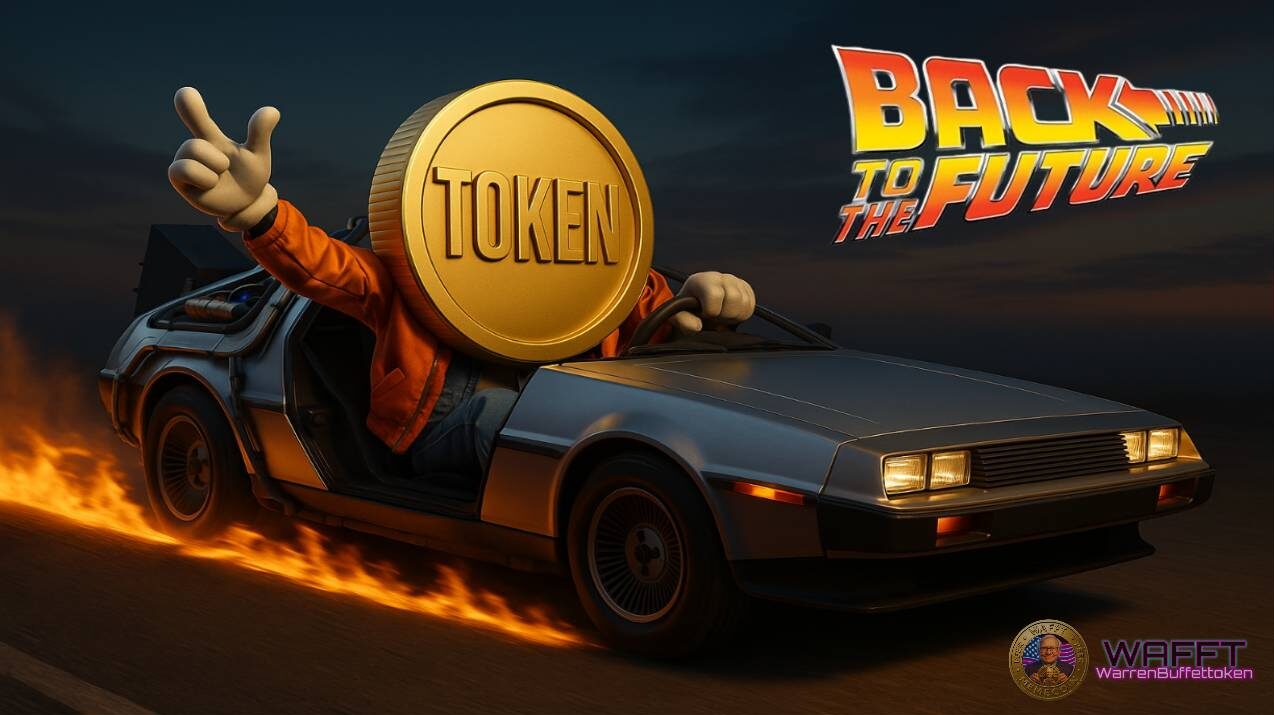 Marty McFly–style token driving a DeLorean leaving fiery tire tracks, symbolizing the fast-approaching tokenized future: programmable assets, instant settlement, and cross-chain interoperability.