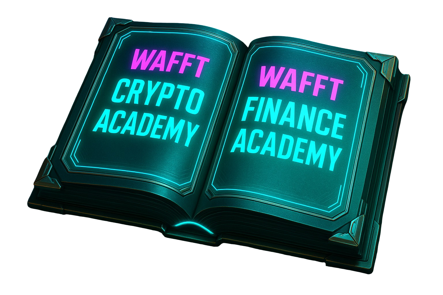 Open book showing WAFFT Crypto Academy and WAFFT Finance Academy, representing WAFFT University.