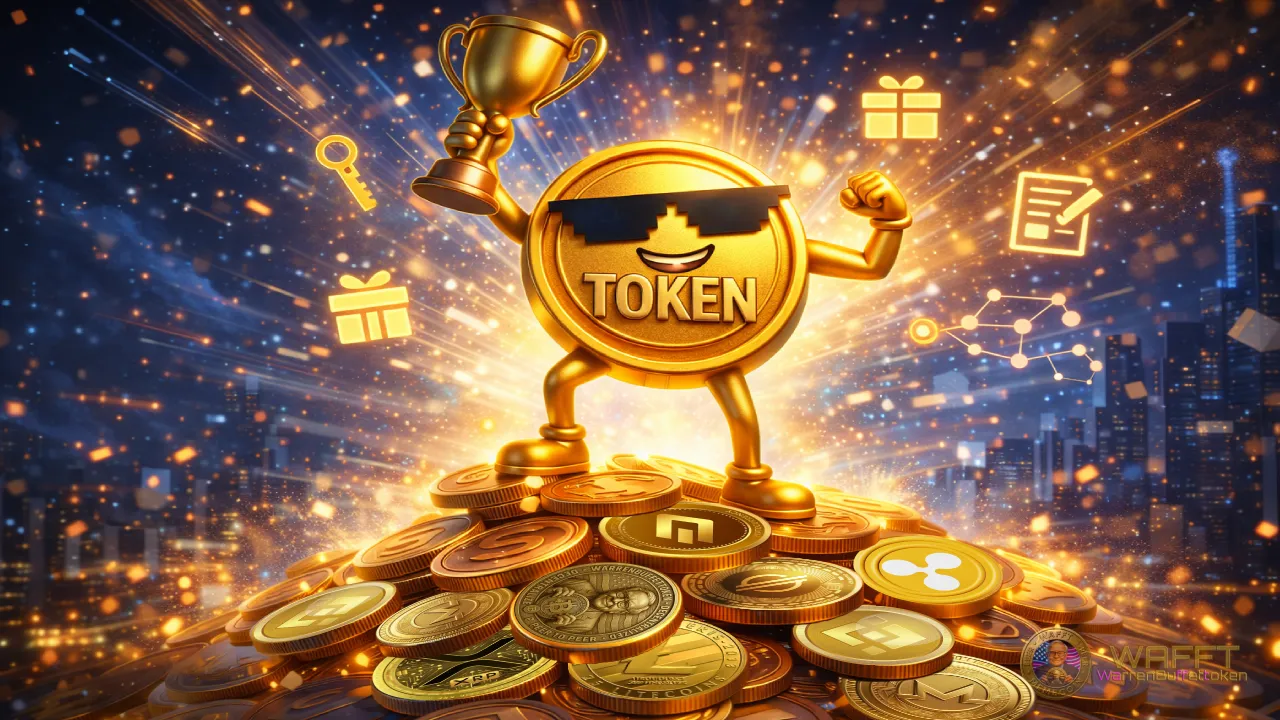 Illustration showing a smiling token standing on a pile of coins with symbols of rewards, access, perks, and utility, representing the main advantages of crypto tokens.