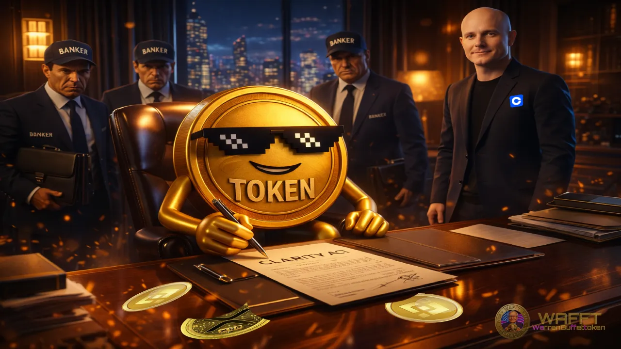 Illustration showing an anthropomorphic token signing a document labeled CLARITY Act in an executive office, surrounded by bankers and a crypto industry executive, representing token regulation, legal oversight, and the future of crypto rules.