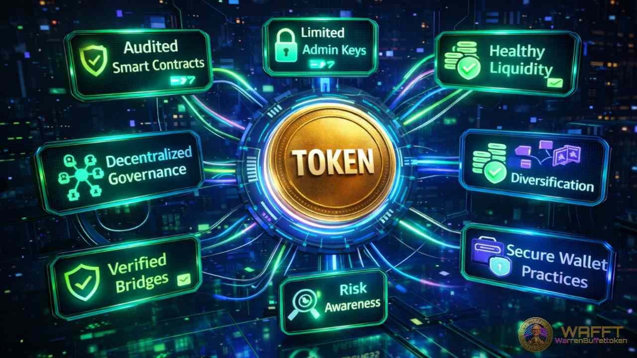 Diagram showing a crypto token connected to key protection layers including audited smart contracts, limited admin keys, healthy liquidity, decentralized governance, verified bridges, risk awareness, diversification, and secure wallet practices.