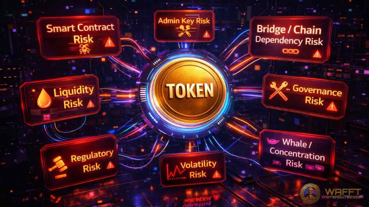 Diagram showing a crypto token connected to major risk categories including smart contract risk, admin key risk, bridge or chain dependency risk, governance risk, whale concentration risk, volatility risk, regulatory risk, and liquidity risk.