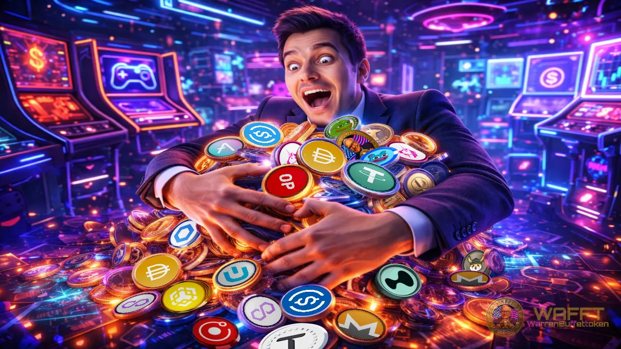 Illustration showing a person surrounded by multiple crypto tokens, representing real token use cases across digital platforms, payments, access, gaming, and online ecosystems.