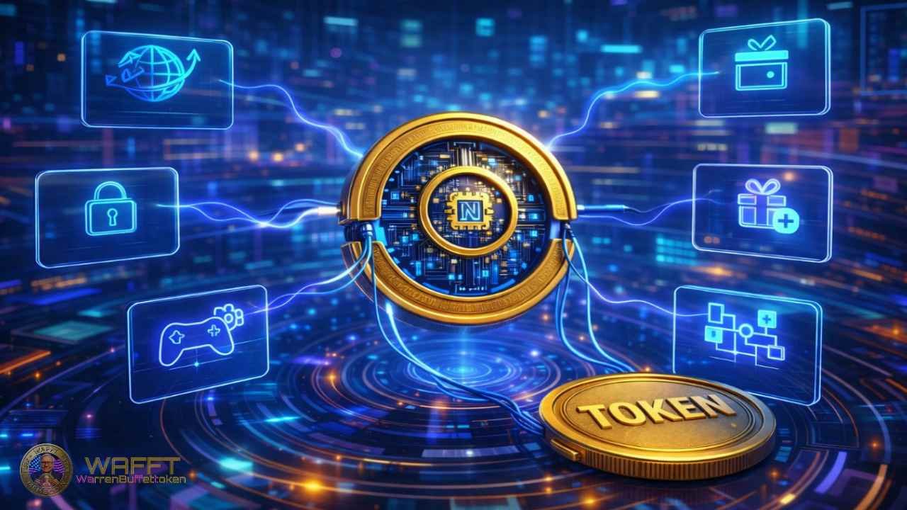 Illustration showing a digital token connected to multiple blockchain use functions, representing how a token works as a programmable unit of value, access, and utility.