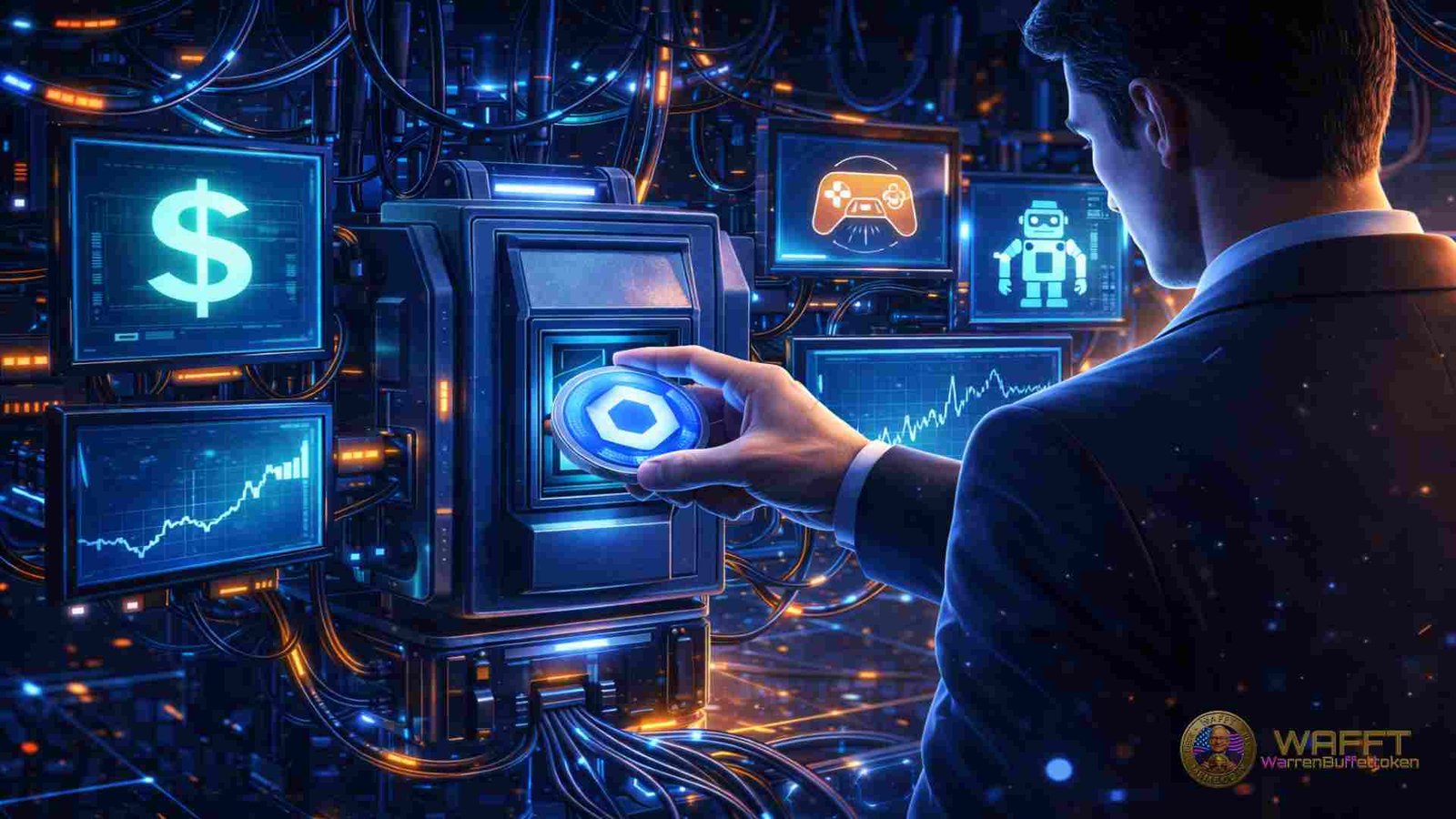 Businessman using a Chainlink token to power real-world blockchain use cases.