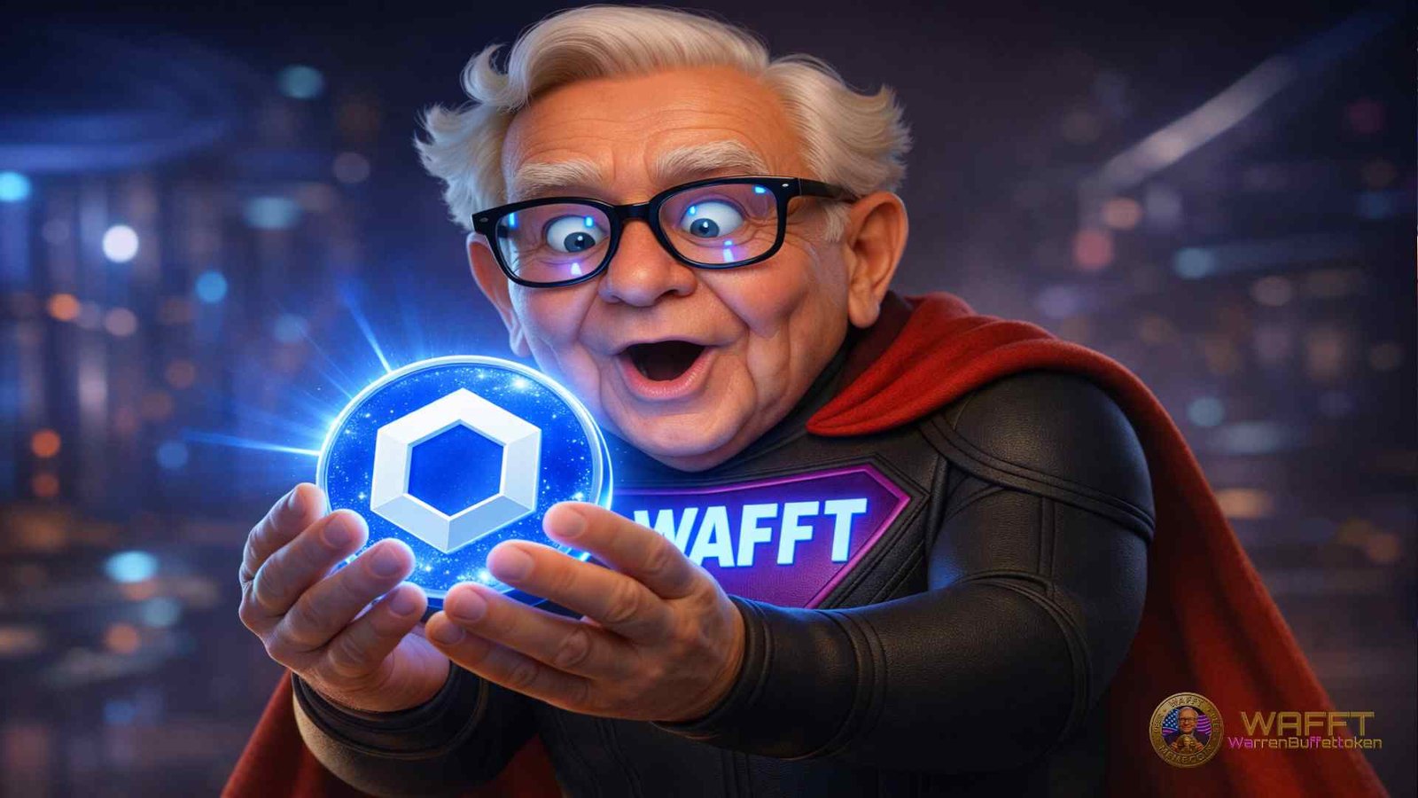 WAFFT Hero holding the Chainlink token, symbolizing trust in decentralized oracle networks.