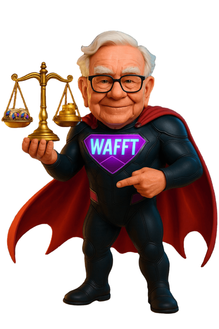 Warren Buffett dressed as the WAFFT superhero holding a balance scale, symbolizing fair token supply, distribution transparency, and long-term sustainability.