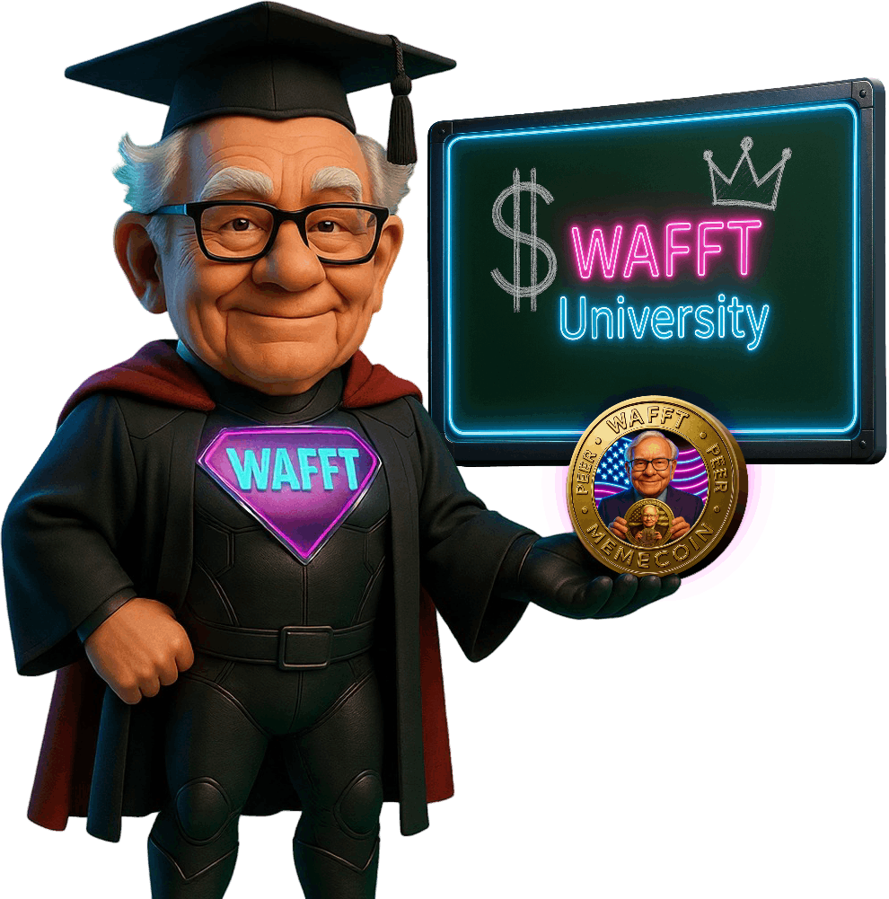 WAFFT Hero holding a WAFFT token and wearing a graduation cap in front of a board that says WAFFT University.