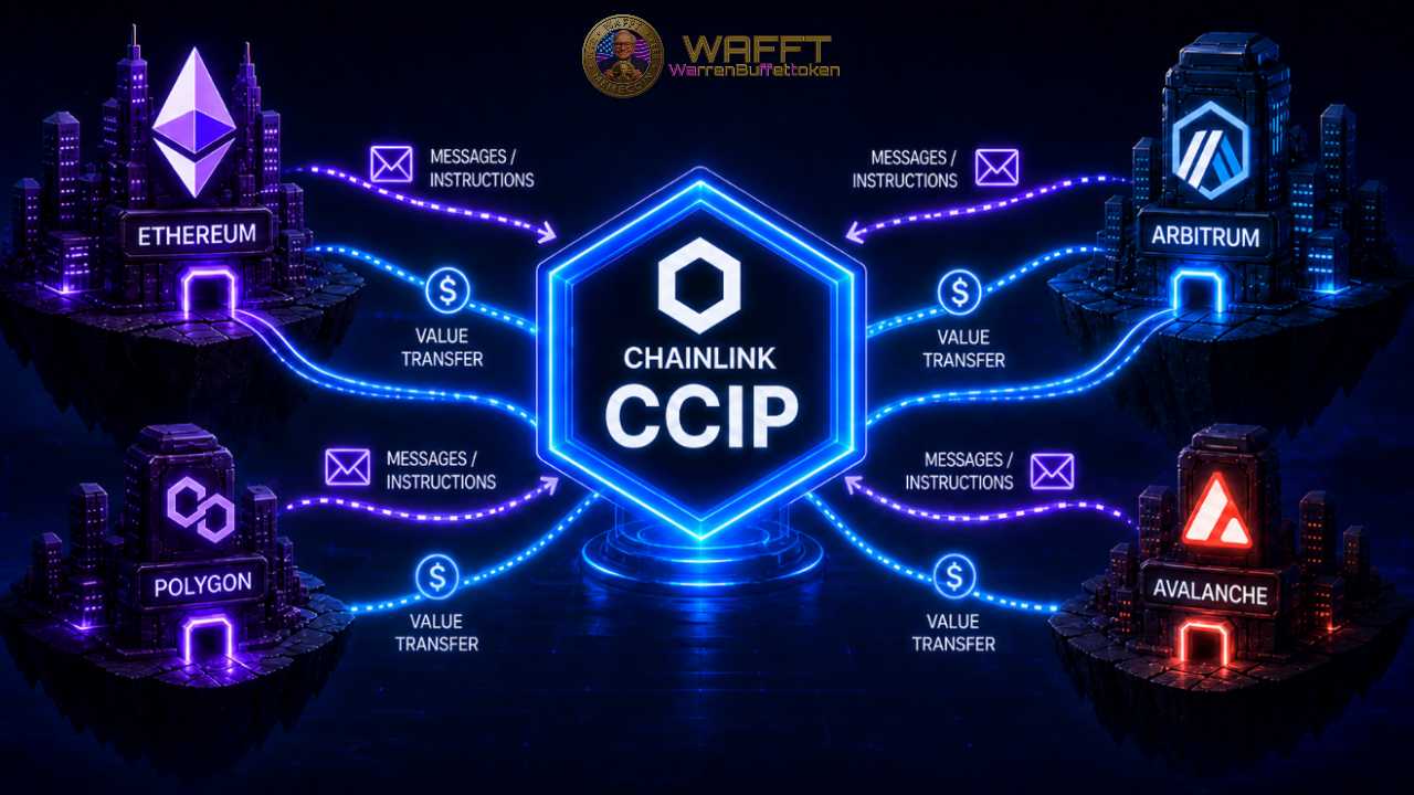 Diagram showing Chainlink CCIP connecting Ethereum, Arbitrum, Polygon, and Avalanche for cross-chain value transfers and message-based instructions.
