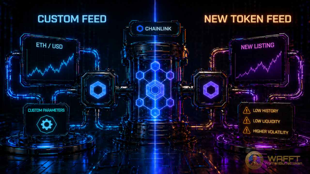 Comparison diagram showing a custom Chainlink feed and a new token feed, highlighting custom parameters versus lower history, liquidity, and higher volatility.