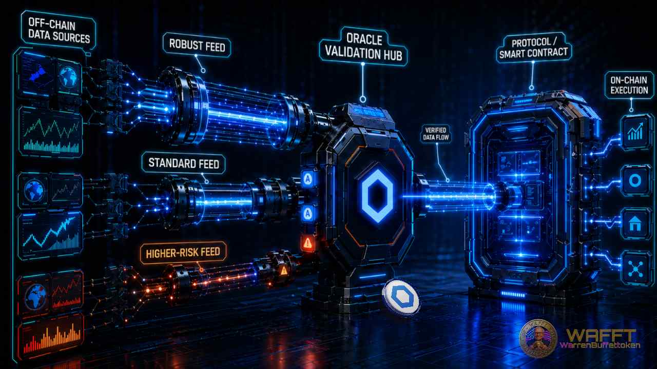 Diagram showing off-chain data sources flowing through robust, standard, and higher-risk Chainlink feeds into oracle validation and on-chain smart contract execution.