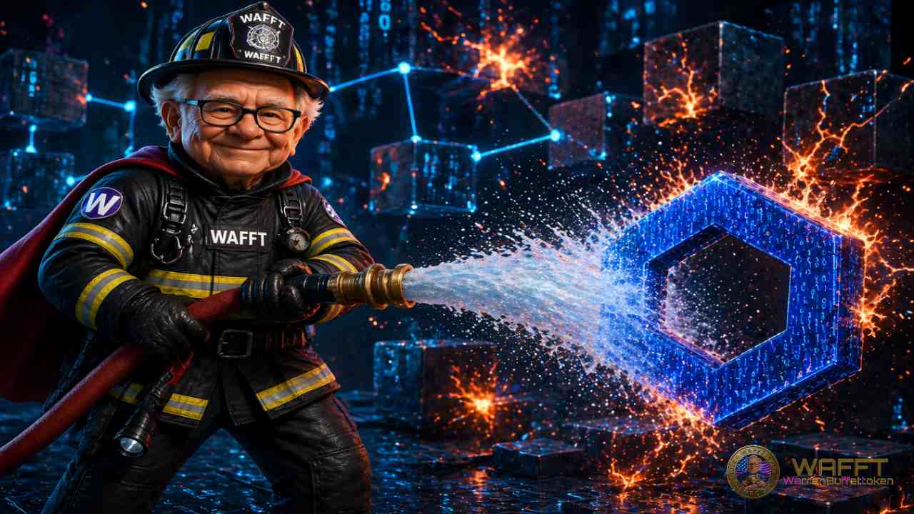 WAFFT Hero extinguishing fire on the Chainlink logo to represent Chainlink risks, oracle vulnerabilities, and risk management.