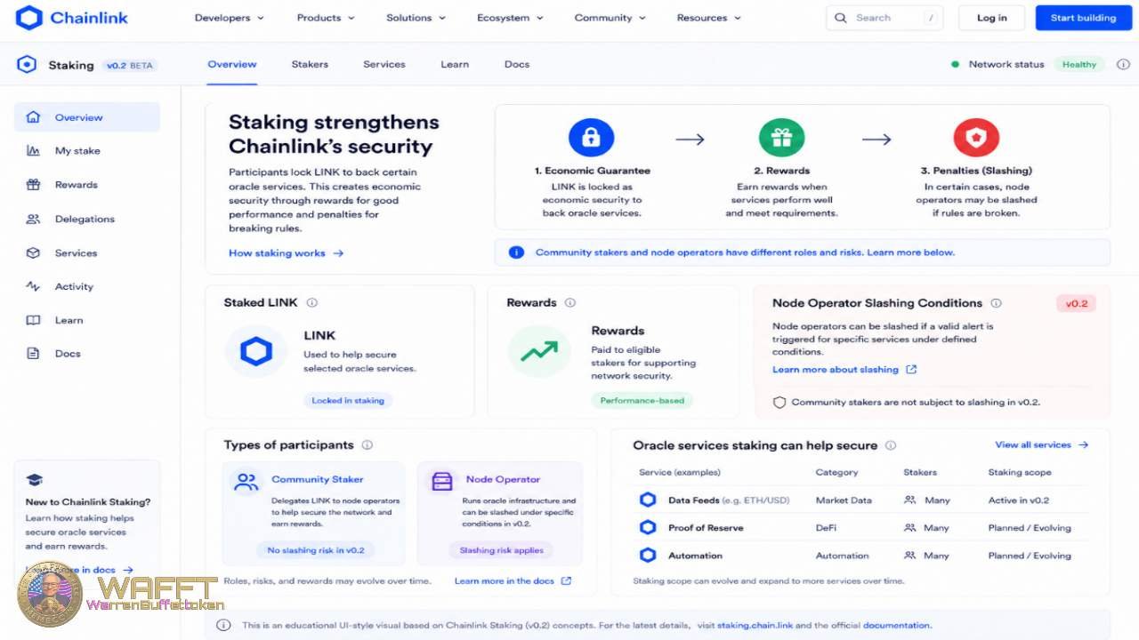 Chainlink Staking v0.2 interface showing LINK locked for economic security, rewards for eligible stakers, and slashing conditions for certain node operators.