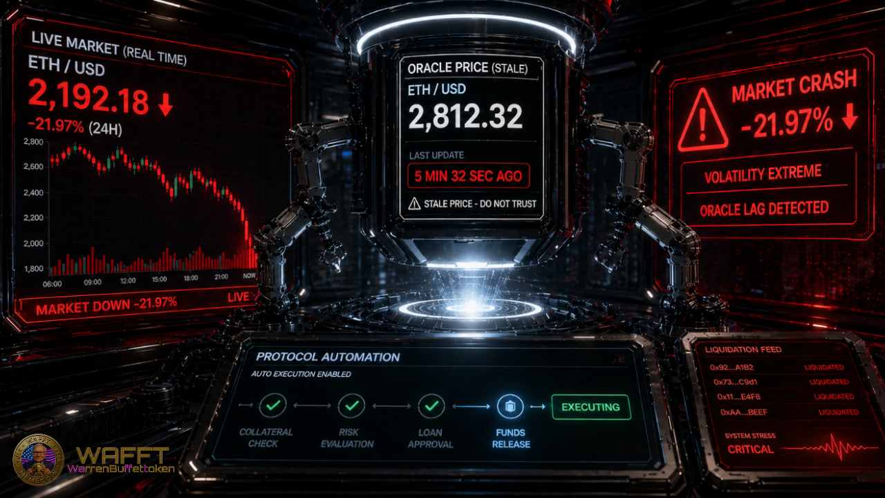 Illustration showing a live ETH/USD market crash while a Chainlink oracle still displays a stale higher price, creating protocol automation and liquidation risk.
