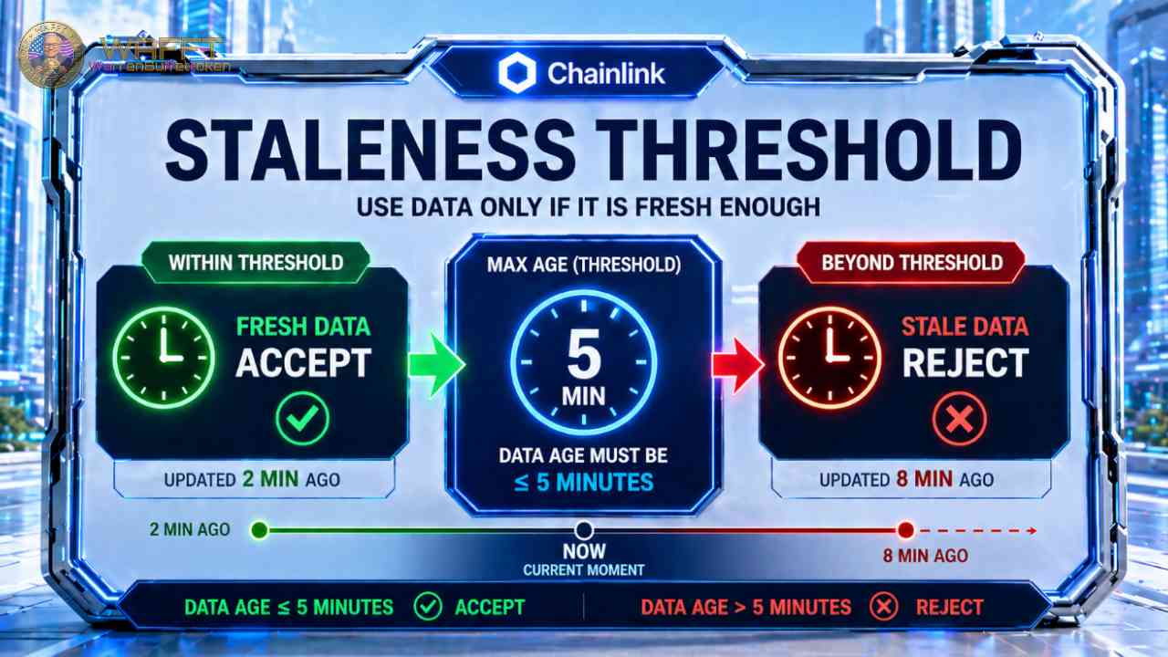 Illustration showing a Chainlink price feed with an updatedAt timestamp, a maximum allowed age threshold, and a smart contract checking whether the price data is still fresh or already stale.
