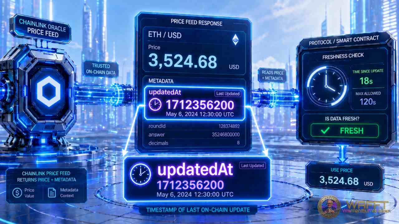 Chainlink price feed interface showing ETH/USD price, metadata including updatedAt timestamp, and a smart contract freshness check confirming whether the data is fresh or stale.
