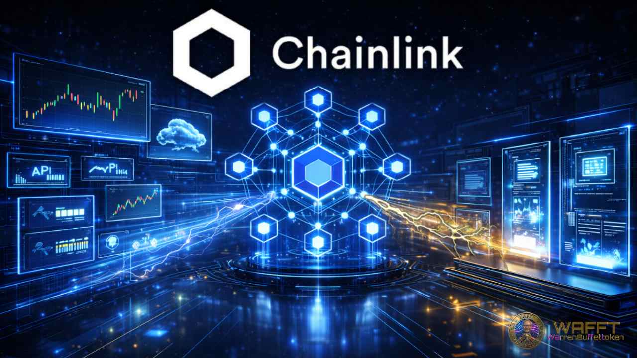Illustration showing Chainlink as a decentralized oracle network connecting external data sources, APIs, price feeds, and off-chain systems to blockchain smart contracts.