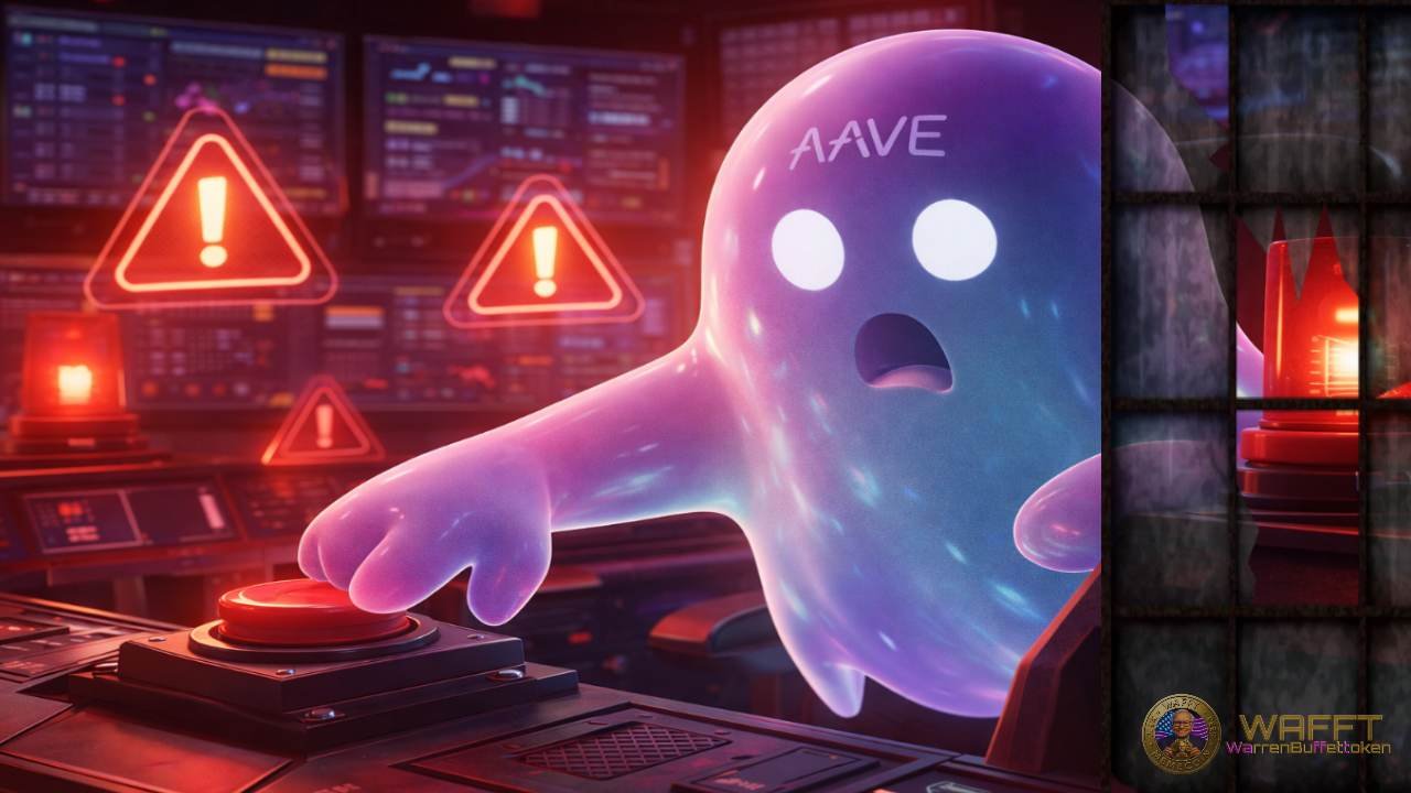Aave ghost mascot triggering emergency alerts in a control room, representing risk escalation and liquidation scenarios in DeFi lending.