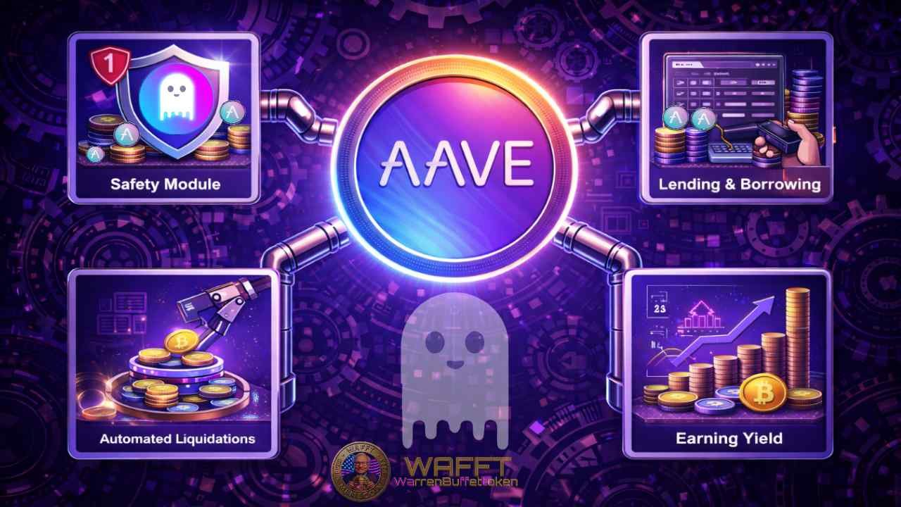 AAVE ecosystem showing lending, borrowing, safety module, liquidations, and yield generation.