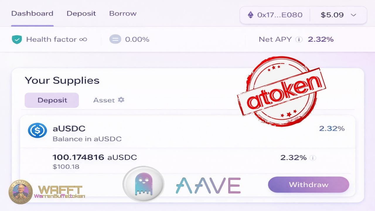Aave dashboard showing an aUSDC aToken balance and net APY with health factor.