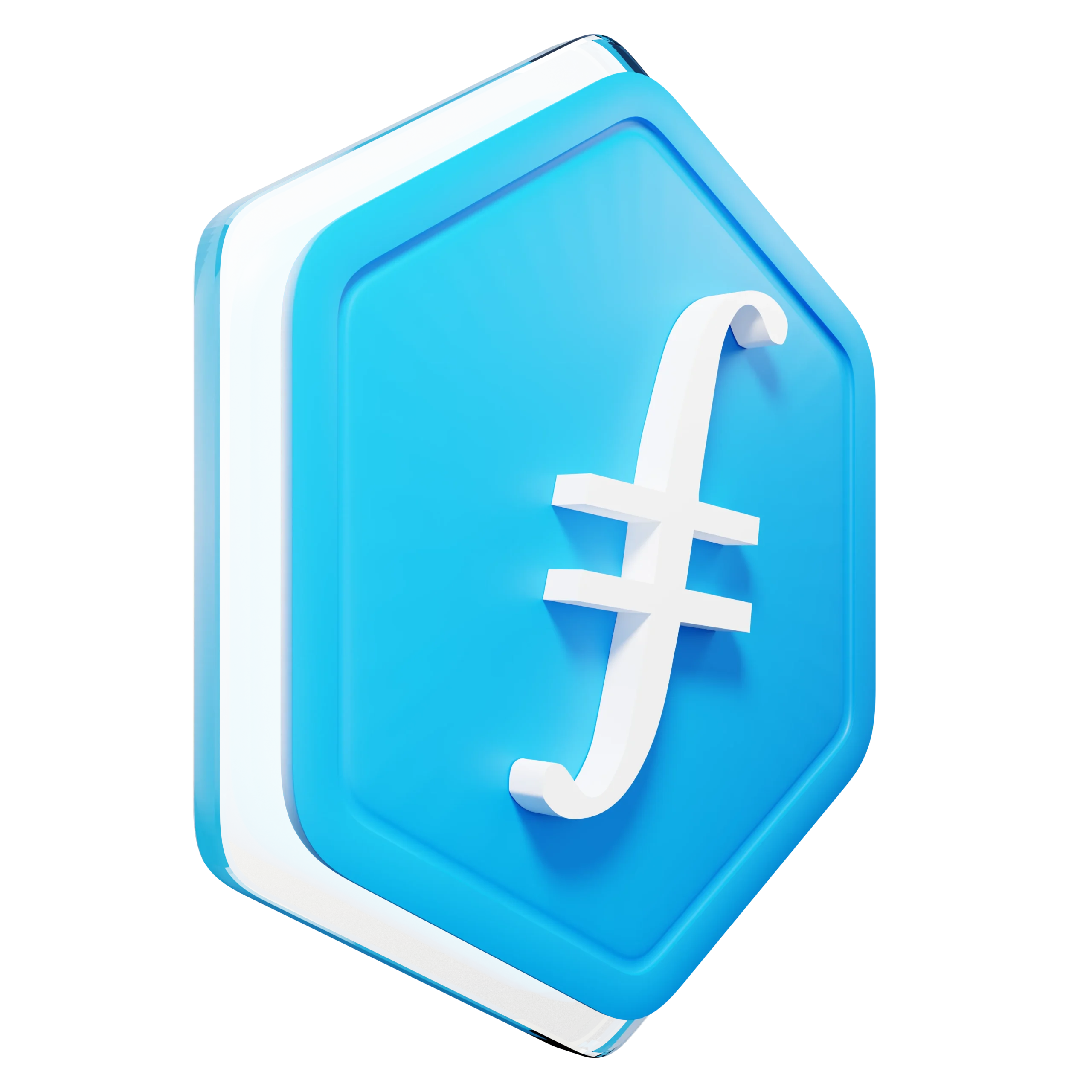 Illustration of the Filecoin FIL token shown as a blue hexagonal coin icon with the Filecoin symbol.