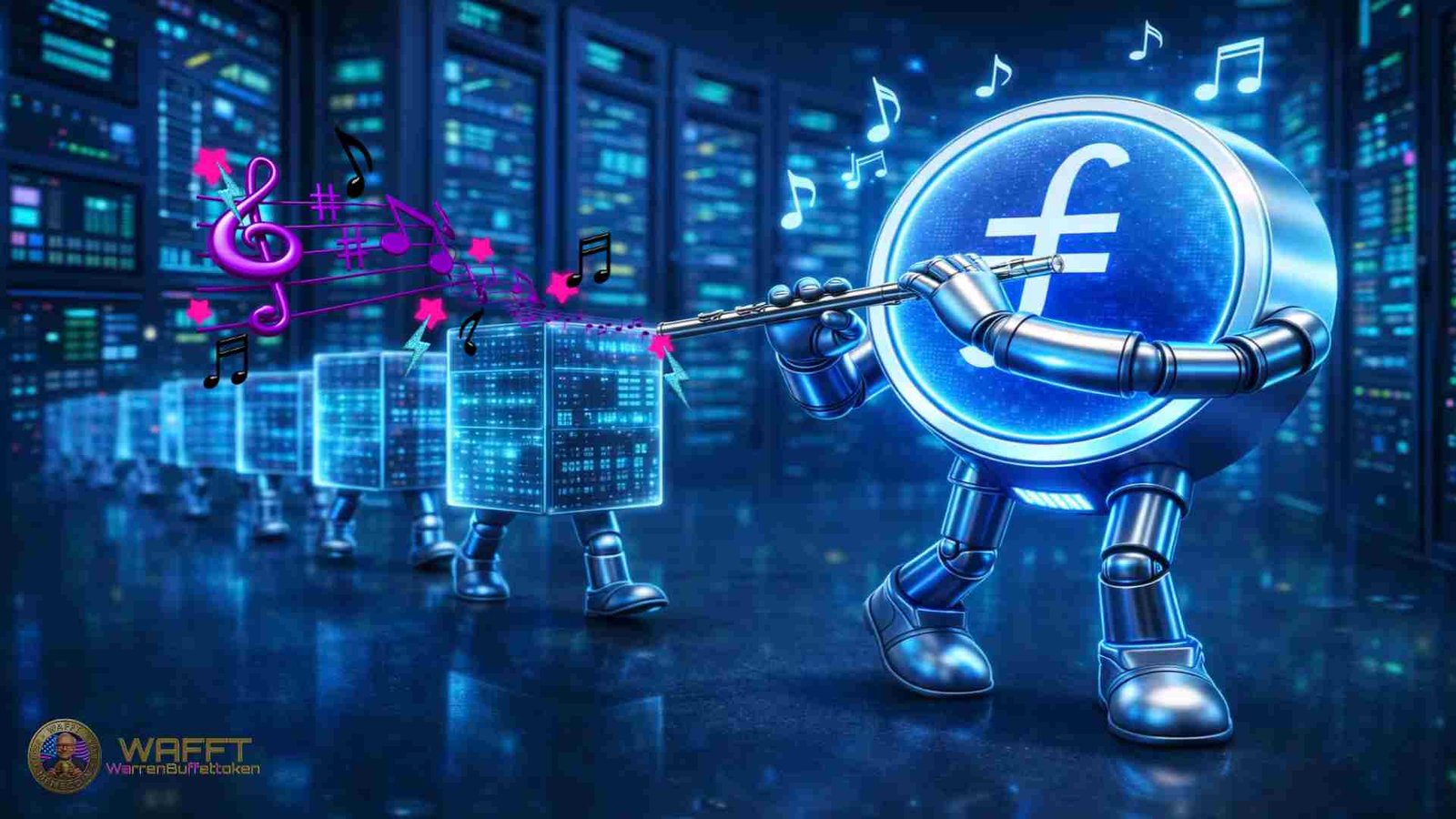 Filecoin token guiding data blocks with musical notes, representing Fil+ incentives, Verified Deals flow, and reliance on DataCap allocation.