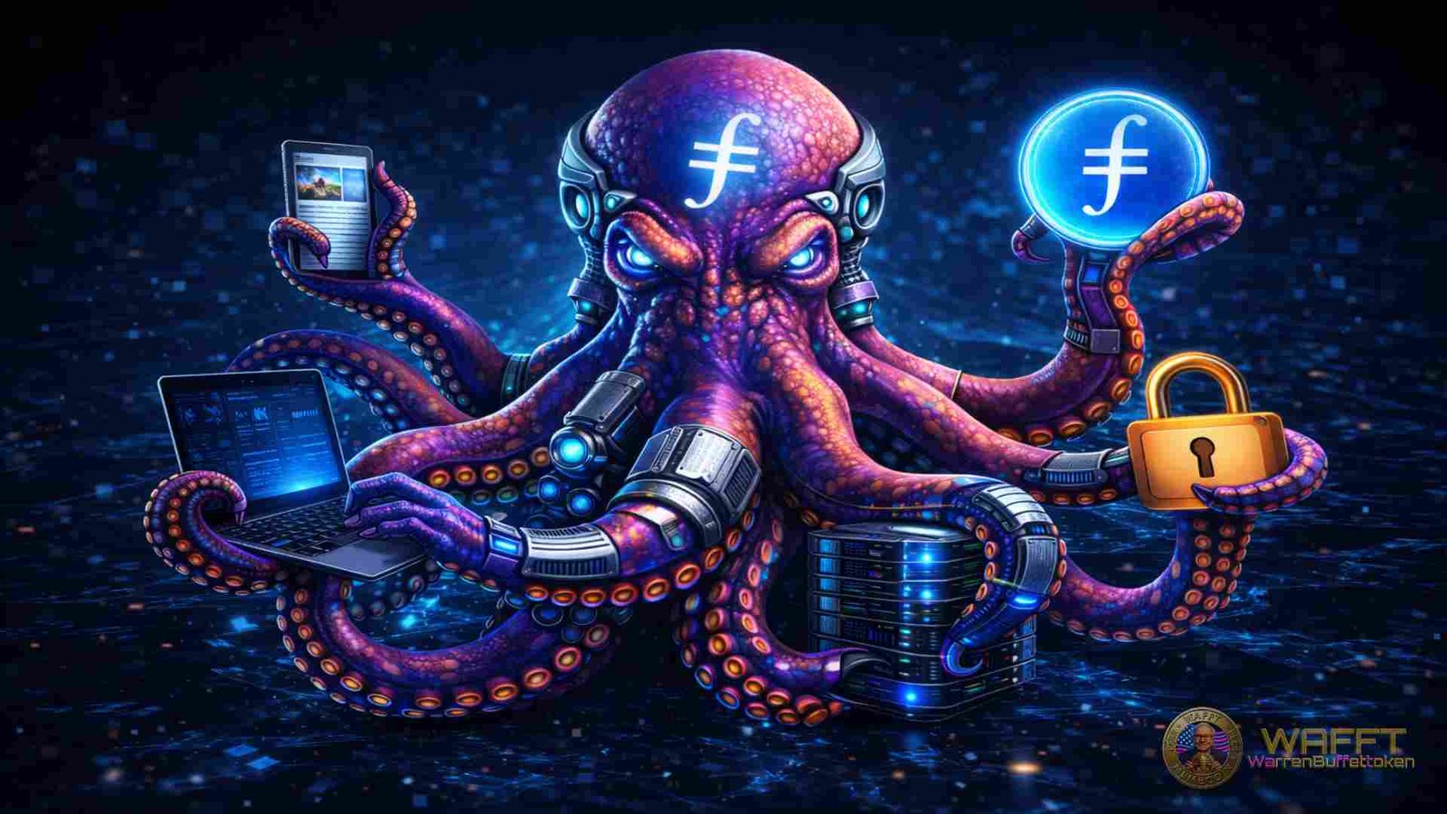 Decentralized Filecoin network represented as an octopus managing multiple storage use cases, data flows, and security simultaneously.
