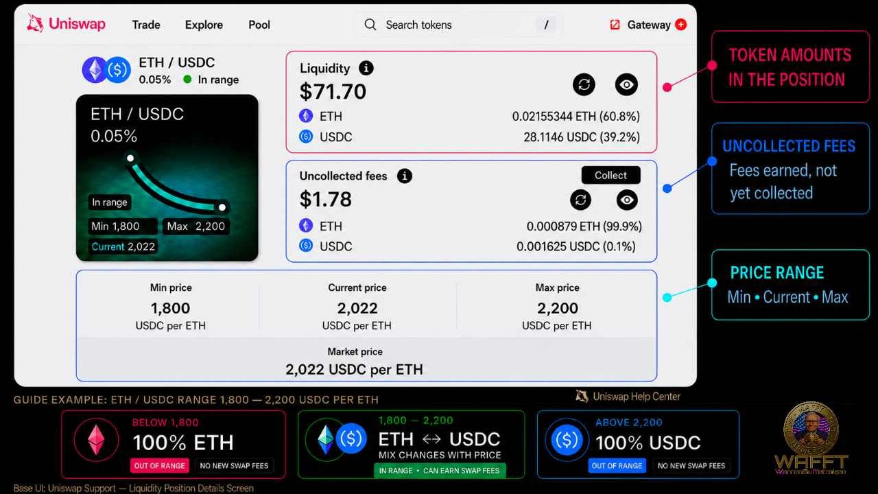 Educational Uniswap liquidity position showing an ETH/USDC range from 1,800 to 2,200 USDC per ETH, the current price in range, token amounts, uncollected fees, and how the position changes to 100% ETH or 100% USDC outside the range.