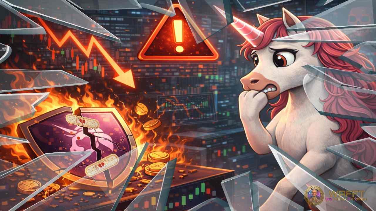 Uniswap unicorn reacting to losses and risk signals in a volatile DeFi market.